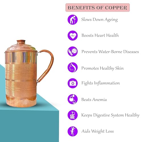 Image of AHYRA Pure Copper Water Jug 1.5 Litre Drinking Water Pitcher with Handle Ayurvedic Inspired Water Storage Vessel for Home Office and Dining Table (1.5L)