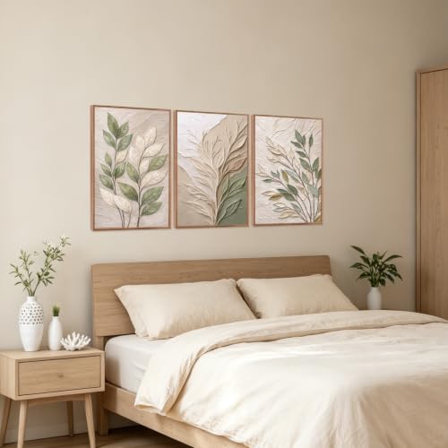 Image of CHDITB 3D Impasto Sage Green Leaf Wall Art, Boho Earth‑Tone Foliage Decor