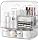 Luxury Makeup Organizer with 3 Drawers & Dustproof Flip Lid, Large Capacity Cosmetic Display Case for Vanity, Clear Countertop Skincare Storage with 6 Lipstick Slots