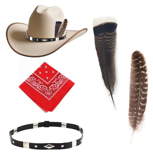 Feathers Leather Hatband for Western Cowboy with Red Paisley Bandana,Straw Denim Hat Belt Decoration Accessories for Pirate, Halloween, Themed Party