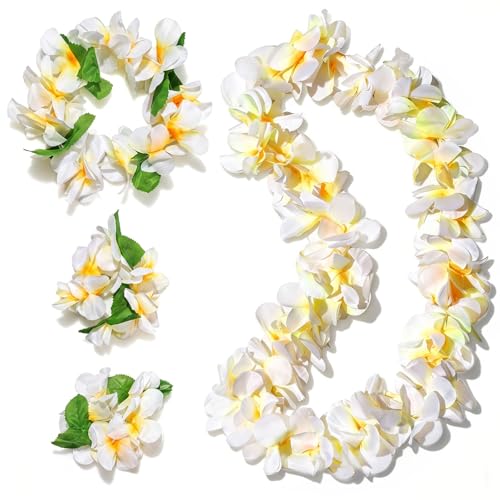 LovesTown 4PCS Hawaiian Lei Set White Luau Wreath Garland Hawaii Leis Flower Headpiece Necklace Bracelet Summer Pool Beach Party Decorations