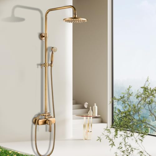 Colonne de Douche Laiton Rétro Ensemble de Douche Antique Système de Douche Mural Set Kit de Douche avec Mitigeur Réglable en Hauteur 70 à 120 cm