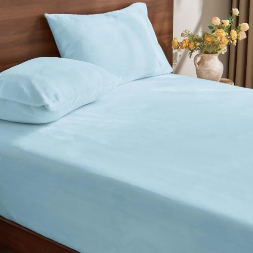 Image of BEDELITE Flannel King Fitted Sheet & Pillowcases Set, Blue, 3 Pieces | Ultra Soft Plush Fleece Bed Sheet with Elastic Corner Straps, 16 Inch Deep Pocket, Fuzzy All-Season Gift & Room Decor