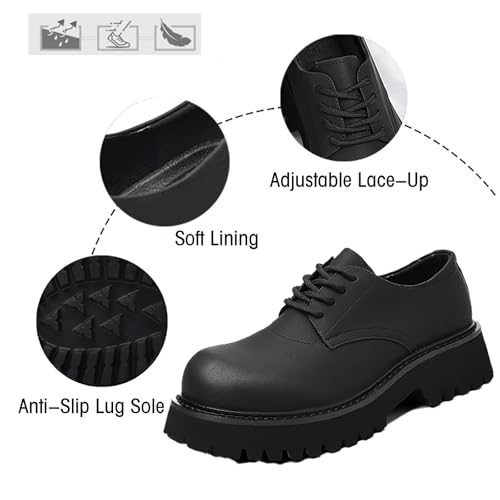 Men's Black Leather Platform Block Heel Oxford Shoes Classic Wide Round Toe Lace Up Comfort Anti-Slip Lug Sole Chunky Heel Derby Shoes for Wedding Party Business Office Work2