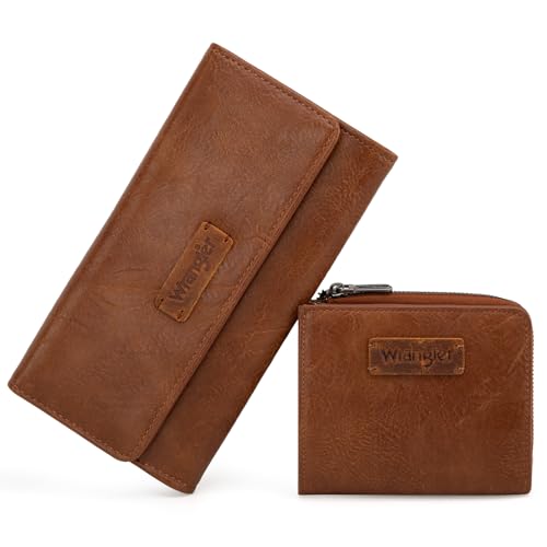 Montana West X Wrangler Wallet Women RFID Blocking Wallet Womens Large Brown Wallets for Women with ID Window Birthday Anniversary