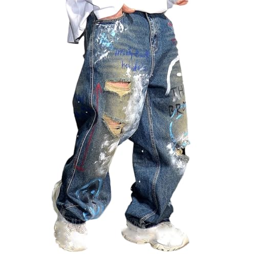 Men’S Hip Hop Graffiti Baggy Ripped Skateboard Jeans Slim Fit Button Fly Midweight Distressed Full Length Trendy Wear Pants