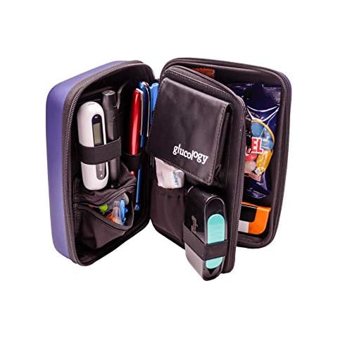 Glucology™ Diabetic Travel Case Plus Size - Organizer for Blood Sugar Test Strips, Medication, Glucose Meter, Pens, Insulin Syringes, Needles, Lancets - Hardshell Carrier Pack - Plus, Blue Cover
