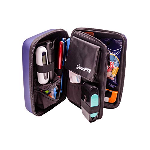 Glucology Diabetic Travel Case Plus Size - Organizer for Blood Sugar Test Strips, Medication, Glucose Meter, Pens, Insulin Syringes, Needles, Lancets - Hardshell Carrier Pack - Plus, Matte Blue