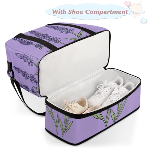 Flowers Lavender Sports Gym Duffel Bag for Men Women Purple Floral with Shoe Compartment Weekender Overnight Bags Travel Bag Carry on Backpack for Swim Fitness Workout4