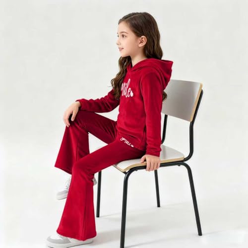 Image of 6-13 Years Girls Clothing Heart Print Hoodie Top + Heart Print Flare Leg Pants 2PC Clothing Set