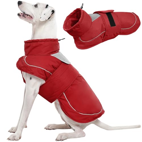 Kuoser Hundemantel Hundejacke, Winter Hundejacke Wasserdicht & Winddicht, Mit Reflektierenden Streifen und Leinenöffnung, Bequemer Klettverschluss, Rot L