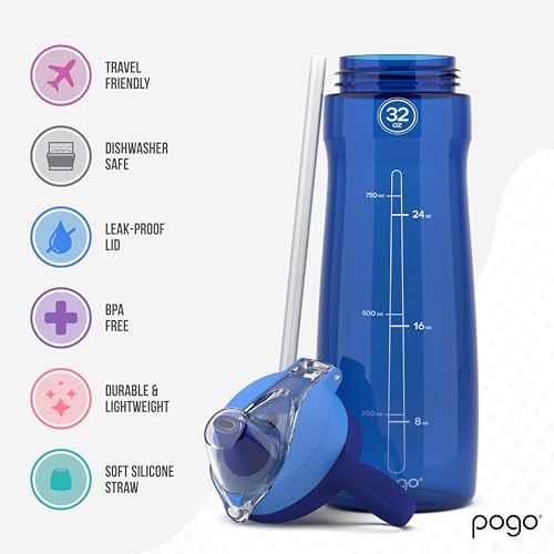 Image of Pogo Plastic Water Bottle with Chug Lid and Carry Handle, Reusable, BPA Free, Dishwasher Safe, Perfect for Travel, School, Outdoors, and Gym, 18oz 32oz 40oz 64oz