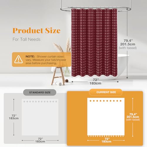 Image of BTTN 78 Inch Long Shower Curtain - Boho Farmhouse Linen Ultra Thick Fabric Shower Curtain Set with Plastic Hooks, Tall Rustic Country Weighted Cloth Shower Curtains for Bathroom - Burgundy - 72x78