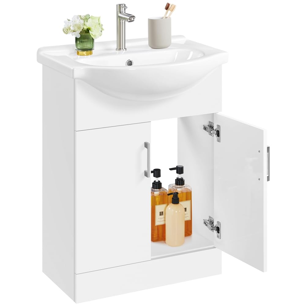 Yaheetech Mueble de Baño con Lavabo Cerámico con 2 Puertas | Armario Bajo Lavabo para Lavabo 61x43,5x84 cm Blanco