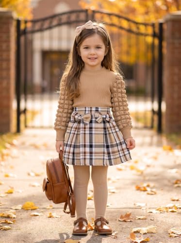 Image of Noubeau Toddler Girls Plaid Outfits Girls Puff Sleeve Knit Ribbed Shirt Tops Plaid Skirt Set Kids Fall Winter Clothes