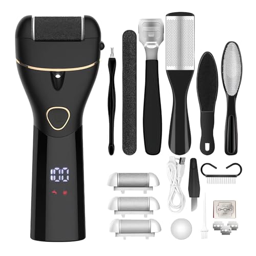 足のカルスリムーバー、足のペディキュアツール,充電式角質除去剤 - ひび割れた乾燥肌、硬い角質を持つ女性と男性向けの3つのグラインディングヘッド付きフットケアキット