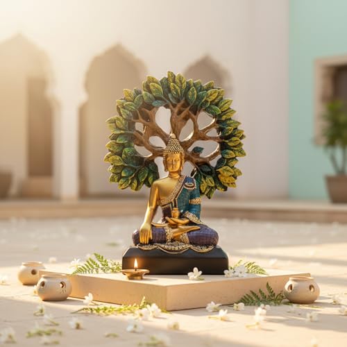 Image of eCraftIndia Lord Buddha Statue for Home Decor Living Room | Gautam Buddha Idol Under the Bodhi-Tree | Showpiece Gift for Housewarming Birthday