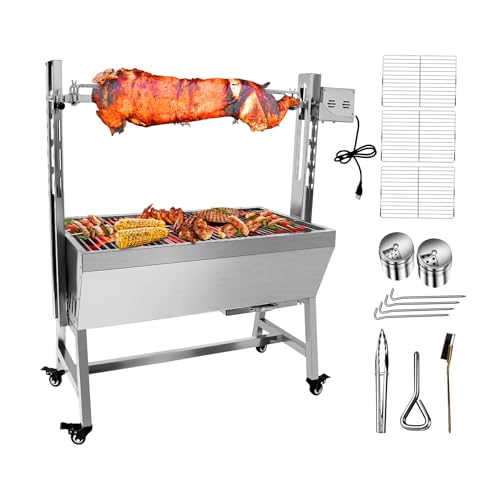 37" Electric Rotisserie Grill, Pig Lamb Spit Roaster Stand Rotisserie 132 Lbs Capacity With Adjustable Height, BBQ Charcoal Rotisserie Grill Kit Stainless Steel For Outdoor Party Camping