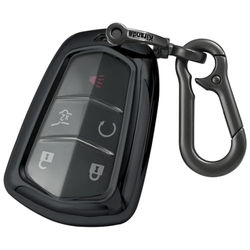 Kirsnda for Cadillac Key fob Cover case Keychain,Soft TPU Key case,Skin,5-6 Buttons Compatible with CT6 XT5 CTS XTS SRX ATS STS Remote Key Vehicle Accessories(Transparent Black)