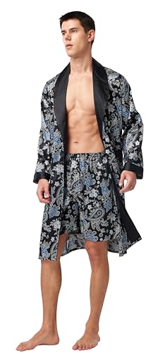 Image of TONY AND CANDICE Men's Satin Robe Lightweight Long Sleeve Silk Kimono Bathrobe with Shorts Set Sleepwear