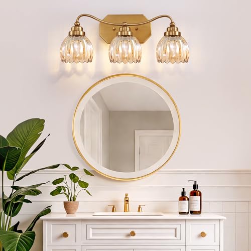 Image of Vintage Bathroom Light Fixtures, 3 Light Gold Bathroom Vanity Light, Matte Antique Brass Finish with Amber Crystal Glass Shade, Wall Sconces Lighting for Bedroom, Living Room（Amber-colored Glass）