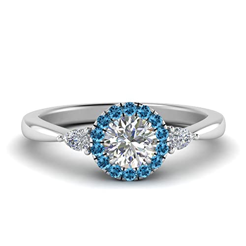 Image of Sterling Silver Sapphire & CZ Diamond Halo Engagement Ring with Pear Accent, Round Shape, Wedding & Everyday Jewelry for Women, US Sizes 4-12