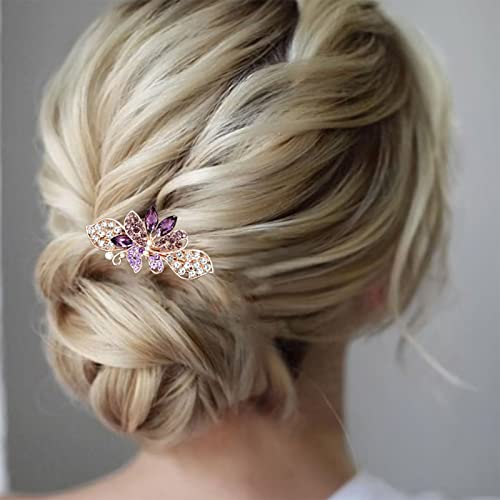 Qisogy Crystal Flower Butterflry Barrette Gold Rhinestone Gemstone Hair Barrette Clip Bling Bridal Butterflry French Barrette Crystal Wedding Headwear For Women And Girls(With Purple Crystal) #TOP5