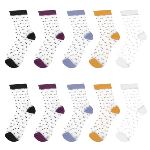 5 Pairs See-Through Socks Colorful Striped Dot Ultra-Thin Glass Socks Sheer Socks Mesh Casual Lace Socks Thin Fishnet Socks for Women2