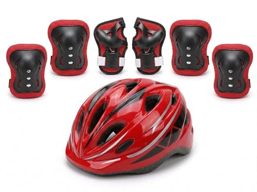 Image of JERN 7 Pieces Kids Children Plastic Roller Skating Bicycle Cycling Scooter Helmet Knee Elbow Pad Wrist Guard Set (Red)