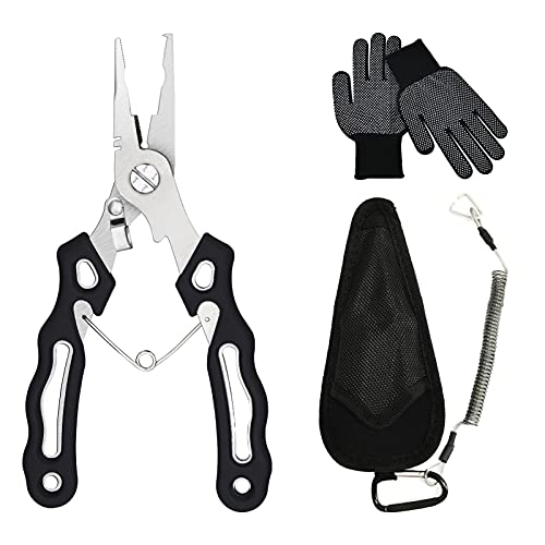 NEWCHEN Fishing Pliers,420 Stainless Steel Pro Fishing Gear,Split Ring Pliers Hook Remover,Saltwater Resistant Fishing Tools Set with Non Slip Gloves