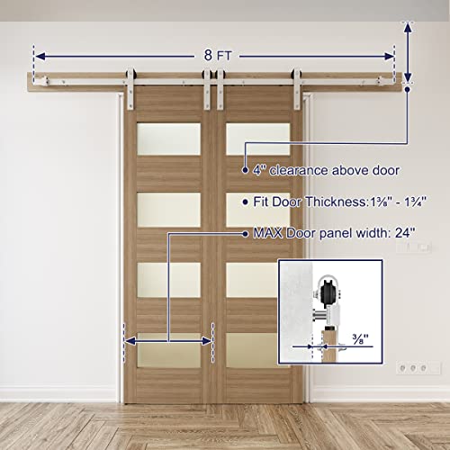 Smartstandard 8 Feet Brushed Nickel Double Sliding Barn Door Hardware Kit-Sturdy Silvery Track, Simple And Easy To Install-Fit 24" Wide Door Panel (J Shape Hanger) #TOP4