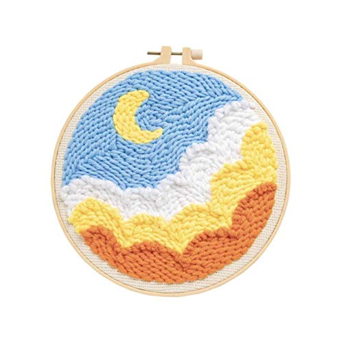 Stamped Embroidery Starter Kit with Punch Needle, Embroidery Cloth with Pattern, Embroidery Hoop, Tools Kit for Beginners (Over The Moon)