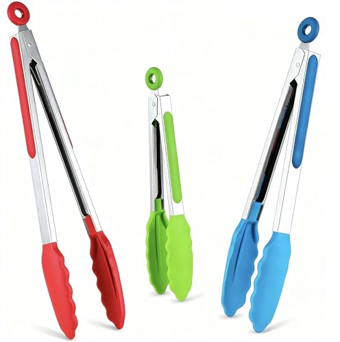 Kitchen Tongs Set of 3, Cooking Tongs with Silicone Tips, Non-Stick Non-Scratch Heat Resistant Tongs for Grilling Cooking BBQ Salad Serving (Multicolor, 7/9/12 Inch)