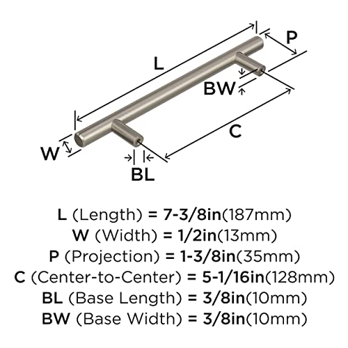 Image of Amerock 5-1 /16 inch Bar Pulls Sterling Nickel Drawer Pull | 5-1 /16 inch (128mm) Center-to-Center Mounting Distance and 7-3 /8 inches Overall Length, Durable Carbon Steel Cabinet Hardware