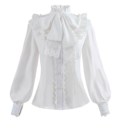 Nuoqi Women Lolita Lace Stand-Up Collar White Lotus Ruffle Shirt