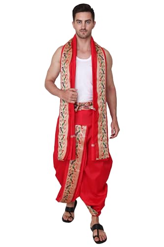 Image of Rameshwaram Fabrics Men's Sherwani Style Dhoti Kurta Set with Angavastram | Traditional Indian Groom Dress | Ethnic Kurta Set for Wedding, Engagement, Festival