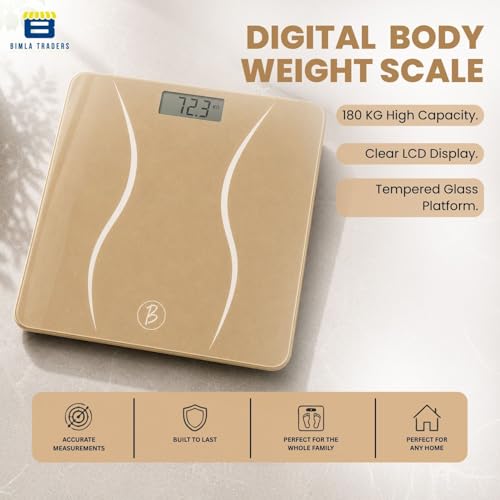 Image of Btag Premium Digital Body Weight Scale | 26x26 cm Wide Platform | Clear LCD Display | Anti-Skid Base | 180 kg Capacity S-Shape Design (Camel)