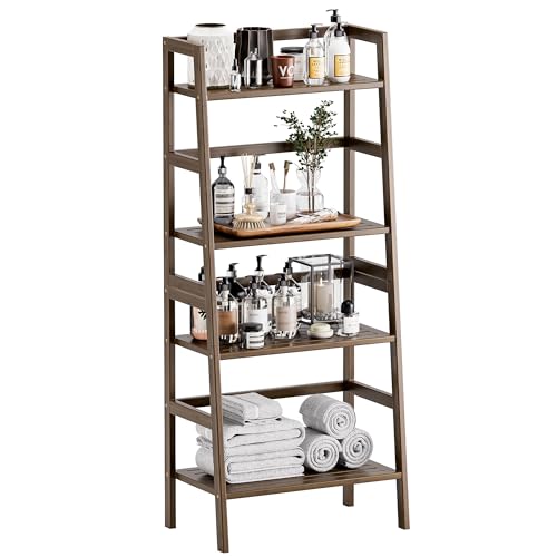 HITNET-Ladder-Bookshelf-Bathroom-Storage-4-Tier-Bamboo-Shelf-Freestanding-Open-Bookcase-for-Living-Room-Kitchen-Entryway-Walnut HITNET Ladder Bookshelf Bathroom Storage 4 Tier Bamboo Shelf Freestanding Open Bookcase for Living Room Kitchen Entryway Walnut