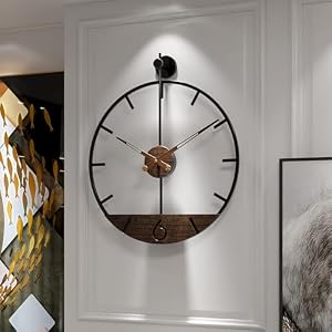Modern Wood Walnut Dial Wall Clock, Large Simple Wall Decor Metal Frame Silent Non Ticking Clock for Living Room Decor, Kitchen, Bedroom, Study Decoration, Handmade Home Gift Idea, 15.8 in