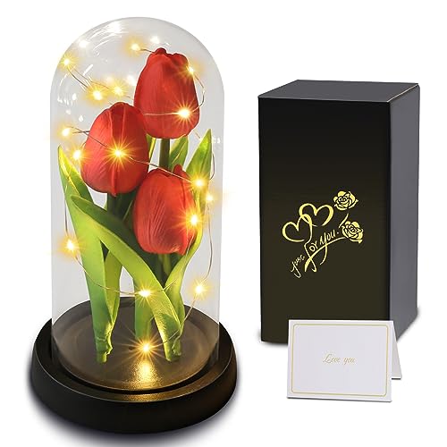 Touloube Tulipani Artificiale Regalo di la Festa Della Mamma per Donne Mammina​​ Moglie, Realistici Bouquet di Fiori Finti con Luce a LED, Romantico Kit di Tulipani, Regalo per la Regina Della Casa