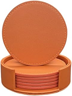 RICHSUM Coasters Set of 6 Soft Leather Drink Coaster Round Coaster with Sewing Around, Suitable for Various Cups, Wooden Tables,Home Decoration,4 Inches(Dark Blue)
