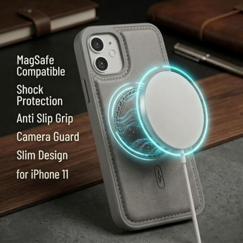 Image of amazon basics Premium PU Leather Case for iPhone 11, MagSafe Compatible Magnetic Ring, Sleek Protective Back Cover - [Gray]