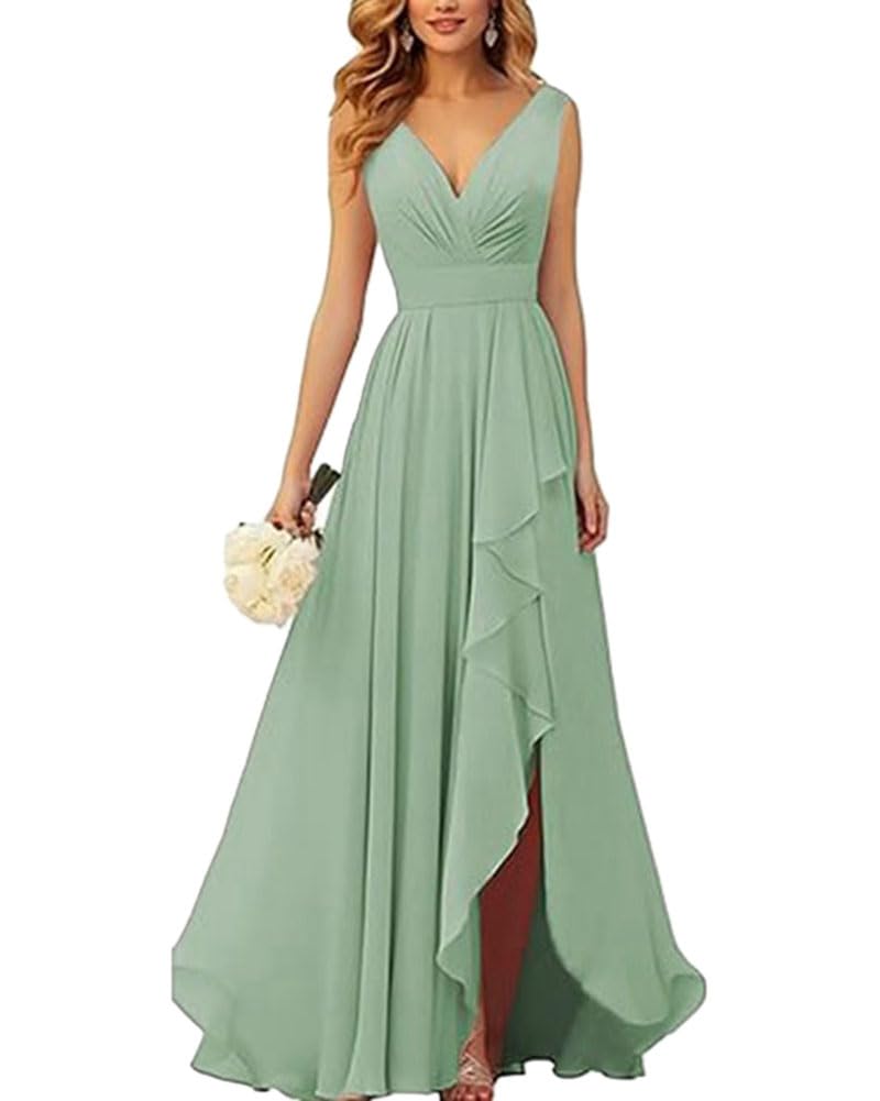 Damen Abendkleider V-Ausschnitt Hohe Taille A-Linie Brautjungfernkleid Elegant Lang Ballkleid Hochzeit Kleid mit Schlitz Cocktailkleid
