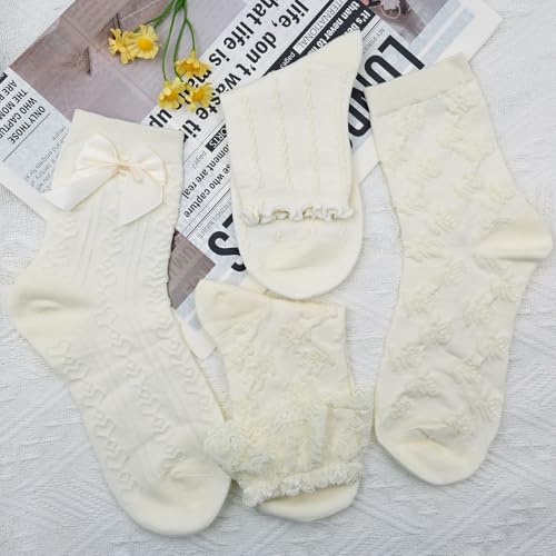Image of 5 Pairs Women's Lace Ruffled Socks with Bows, Cute Frilly Ankle Socks