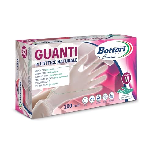 Bottari Guanti in Lattice Monouso con Talco, Confezione da 100 Pezzi, Taglia M, Resistenti e Comodi