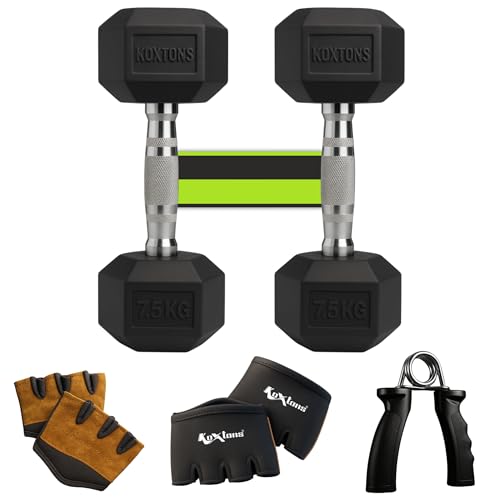 Image of Dumbbell Set 7.5kg (Premium) | Dumbbell with Gym Gloves and Hand Gripper, 15kg Pair (7.5kg x 2pcs) | Rubber Coated Hex Dumbells for Home Gym | Gym Equipment for Home Workout