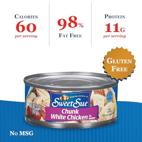 SWEET SUE Chunk White Chicken in Water, High Protein Food, Keto Food and Snacks, Gluten Free Food, High Protein Snacks, Bulk Canned Food, 5 Ounce Cans (Pack of 24)