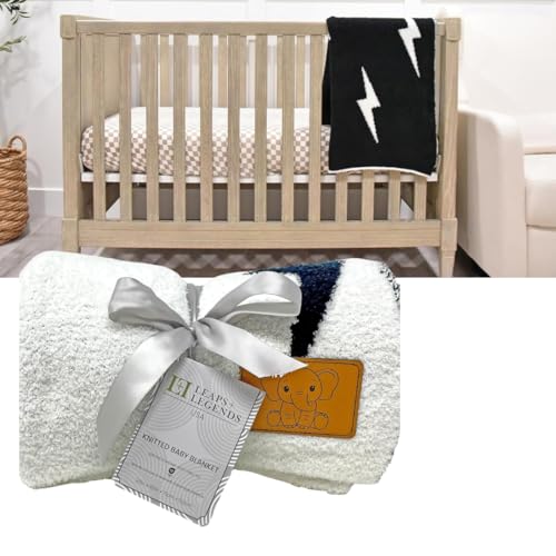 Image of Checkered Smiley Face Baby Blanket 28"x40" with Leather Patch - Soft Knitted Throw - Receiving Blanket/Newborn Gift (Black/White Lightning Bolt)