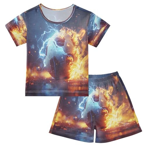 senya Short Sleeve Pajamas Sets Summer Cotton Sleepwear Soccer Fire Dark Background