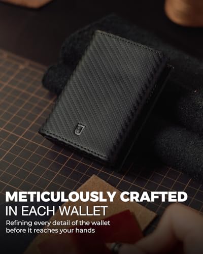 Image of Jenoss Smart Wallet For Men: Full Grain Leather, Handcrafted, Slide Metal Pop Up Case, Slim RFID Blocking Credit Card Holder, Minimalist, Compact - 9-12 Card Organizers | ID | Money Clip (Carbon)